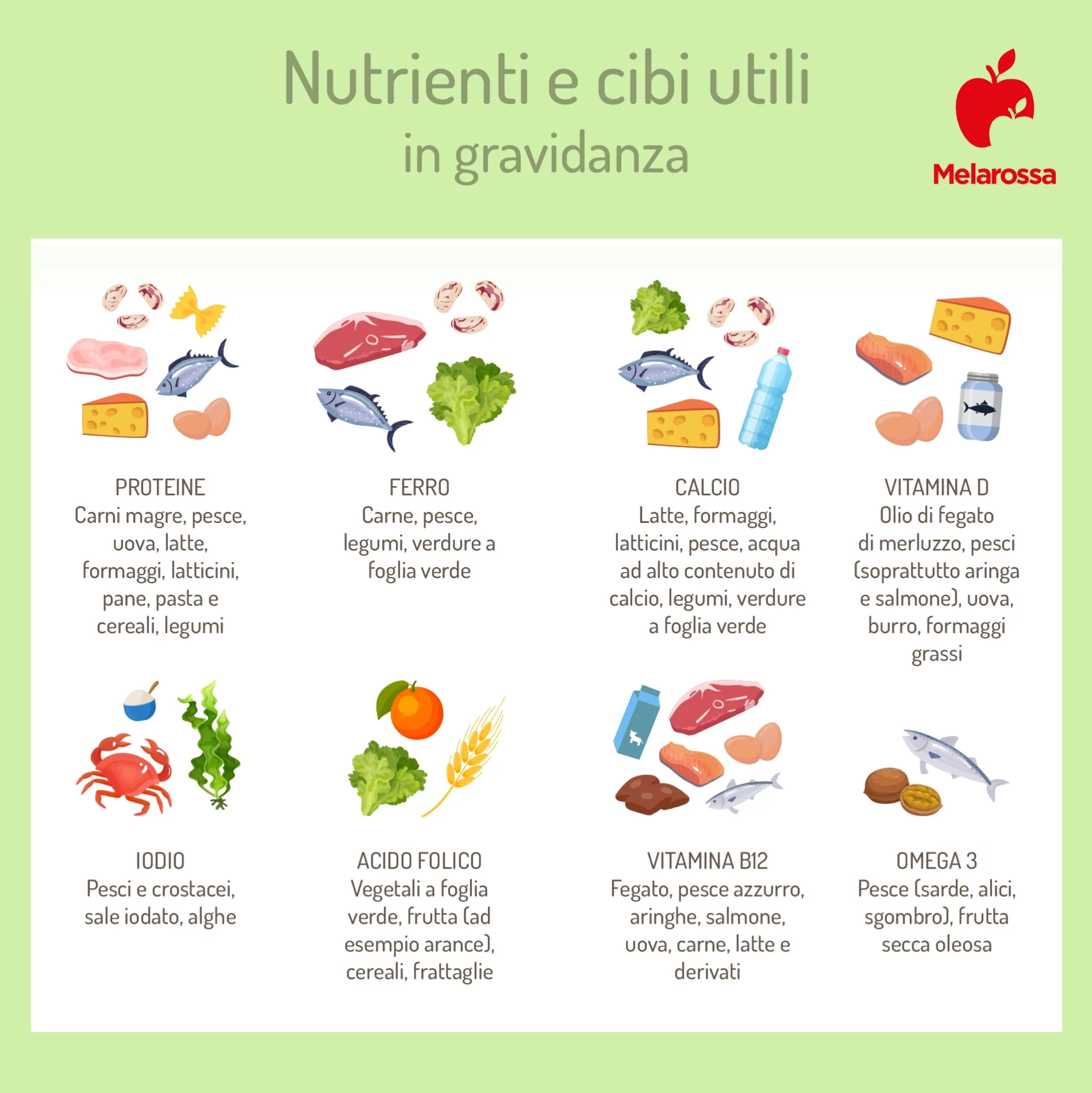 Dieta in gravidanza: cosa mangiare, fabbisogno calorico, come evitare le carenze 1 grafica sulla dieta in gravidanza: nutrienti e cibi essenziali