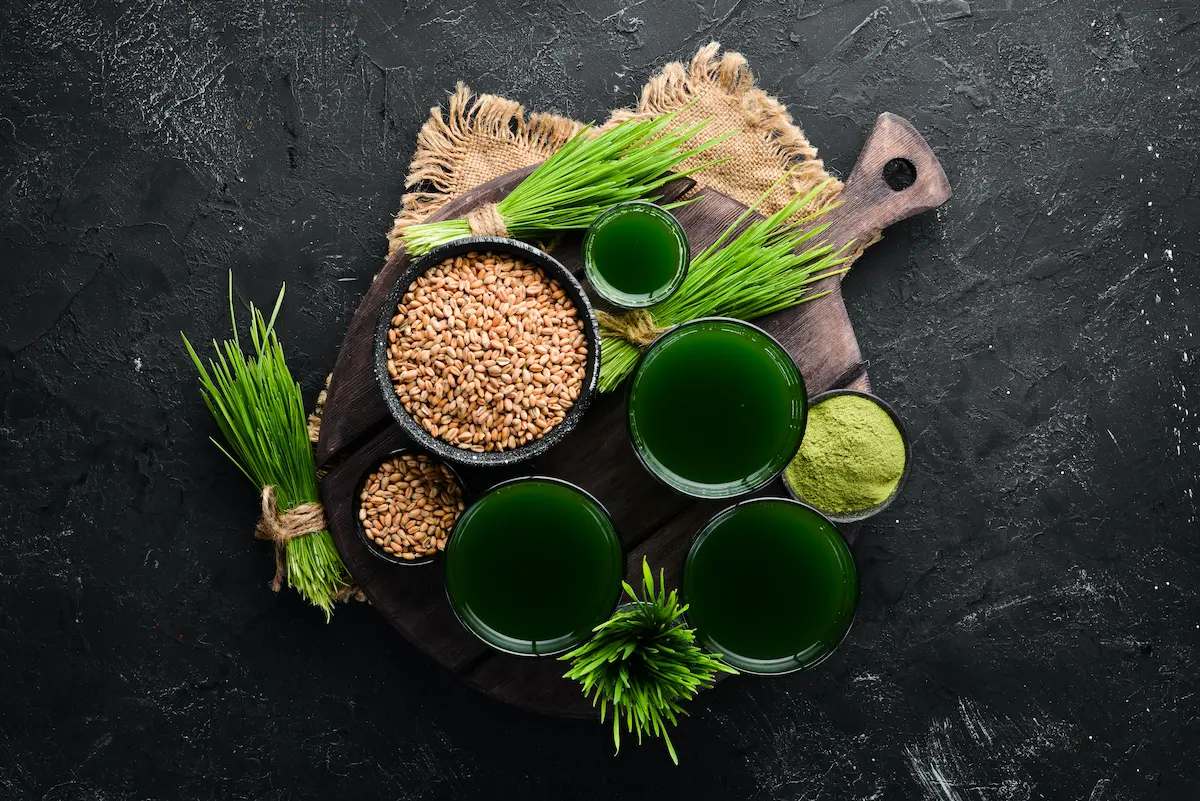 Erba di grano: che cos'è a cosa serve, usi, benefici e proprietà 3 su sfondo nero, tagliere con erba di grano succo e erba