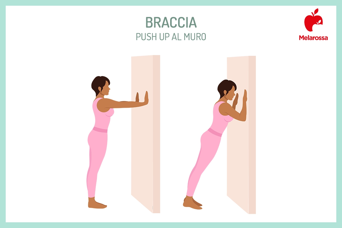 Pilates al muro: che cos'è, come funziona, benefici e i migliori esercizi per un corpo tonico 9 donna che esegue in 2 fasi flessioni in piedi nell allenamento pilates al muro