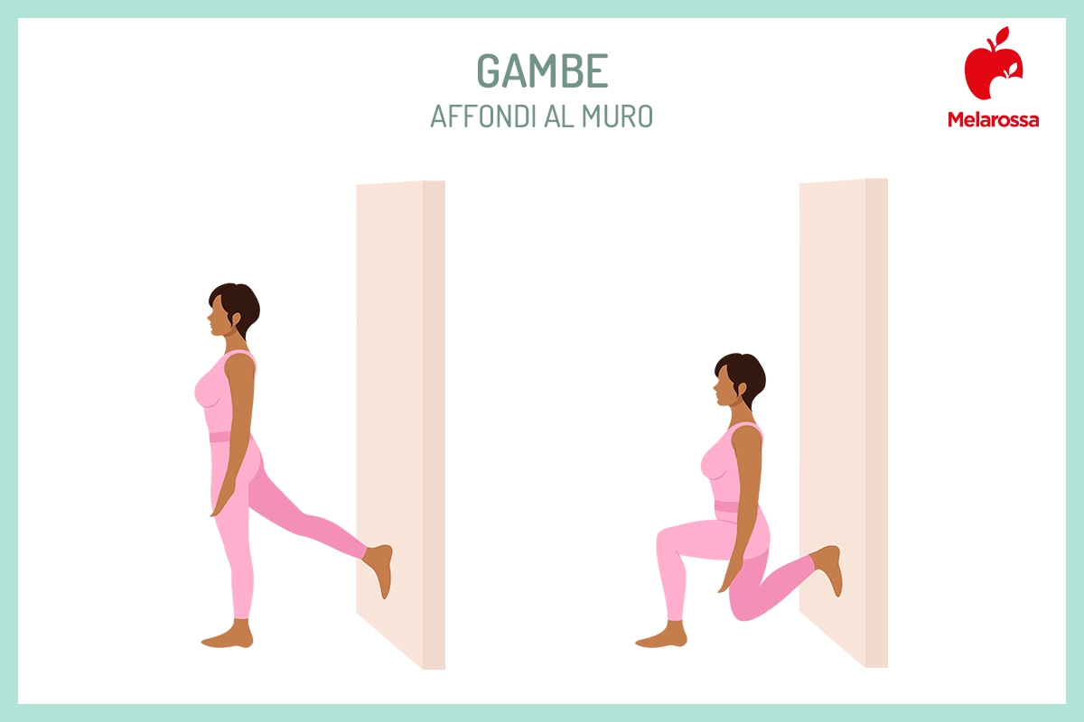 Pilates al muro: che cos'è, come funziona, benefici e i migliori esercizi per un corpo tonico 8 Illustrazione di una donna che pratica pilates al muro eseguendo spalle al muro, in piedi un affondo