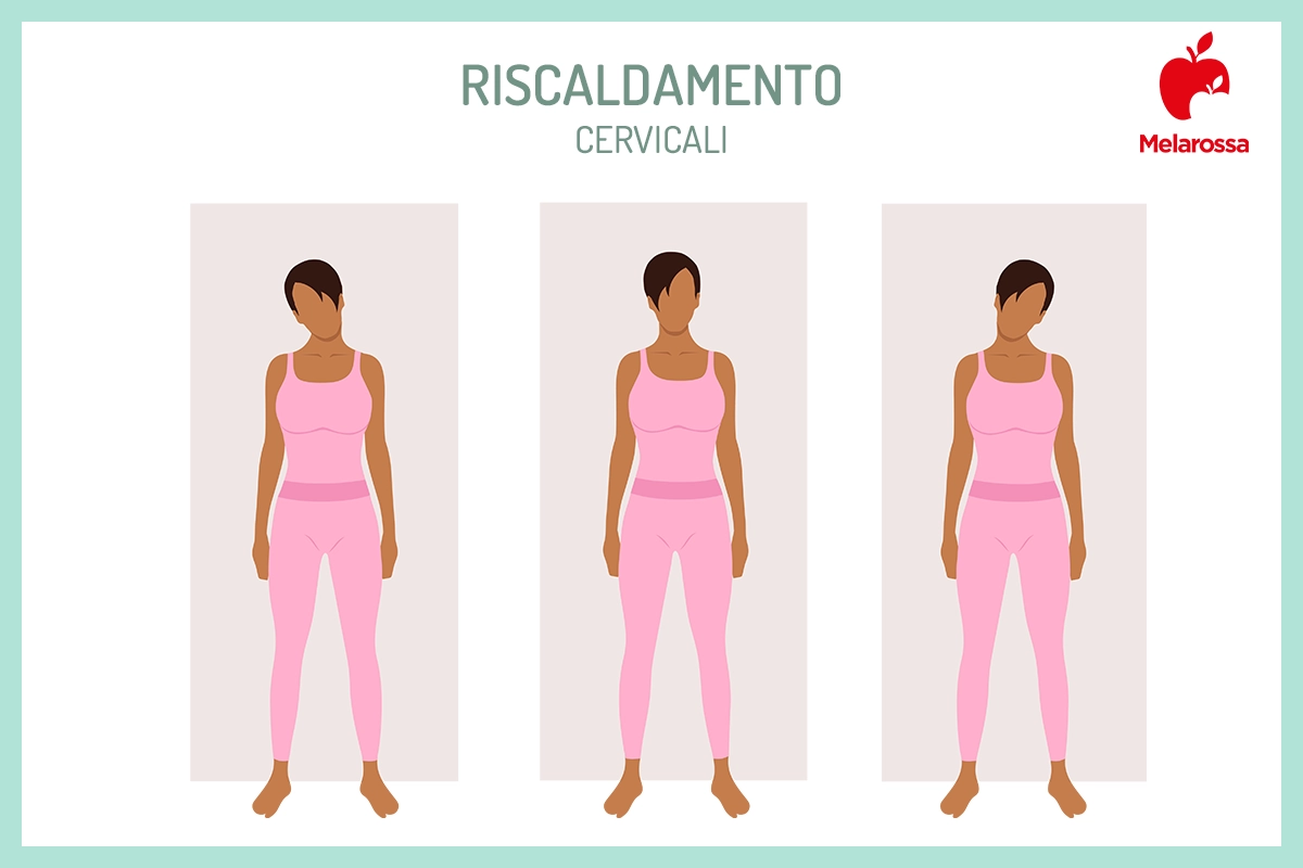 Pilates al muro: che cos'è, come funziona, benefici e i migliori esercizi per un corpo tonico 2 Illustrazione di una donna che pratica pilates al muro eseguendo in 3 fasi un riscaldamento cervicali