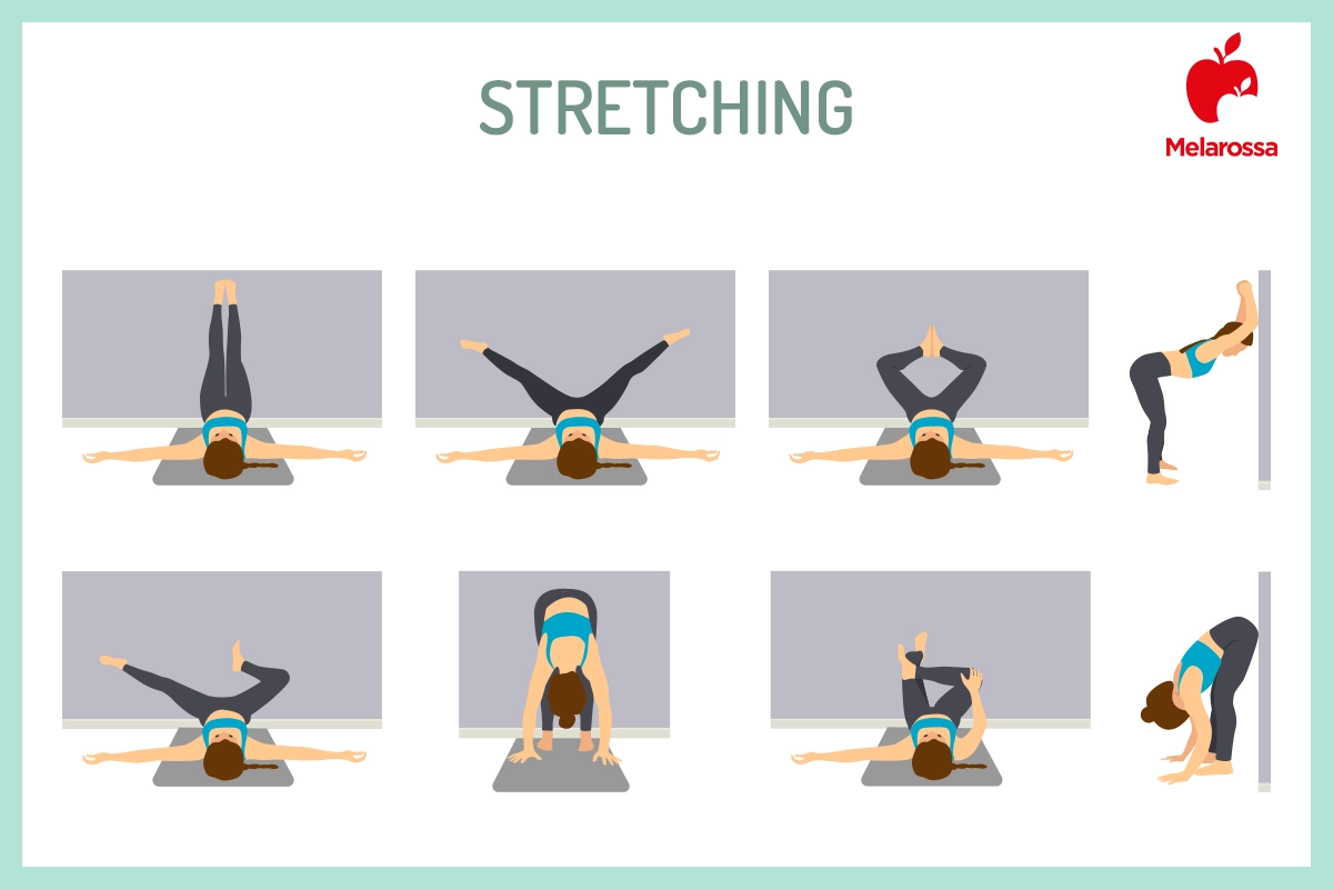 Pilates al muro: che cos'è, come funziona, benefici e i migliori esercizi per un corpo tonico 12 Illustrazione con 8 esercizi di stretching di pilates al muro sia in piedi che sdraiata