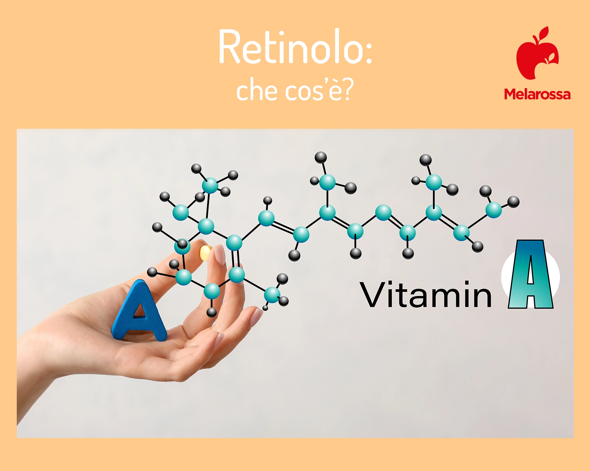Retinolo: che cos'è, benefici e come usarlo per avere una pelle luminosa e giovane 1 Grafica con la mano di una donna che tiene in mano la formula chimica della vitamina A per spiegare che cos'è il retinolo. In alto a destra logo melarossa