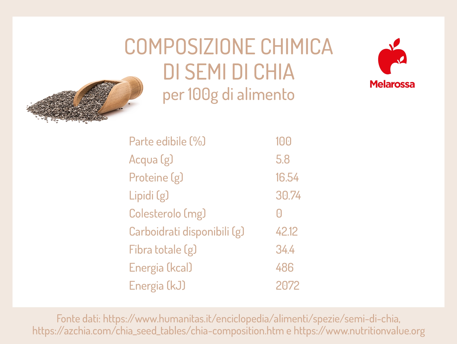 Semi di chia: proprietà e benefici, come mangiarli, ricette e controindicazioni 3 una grafica sui valori nutrizionali dei semi di chia