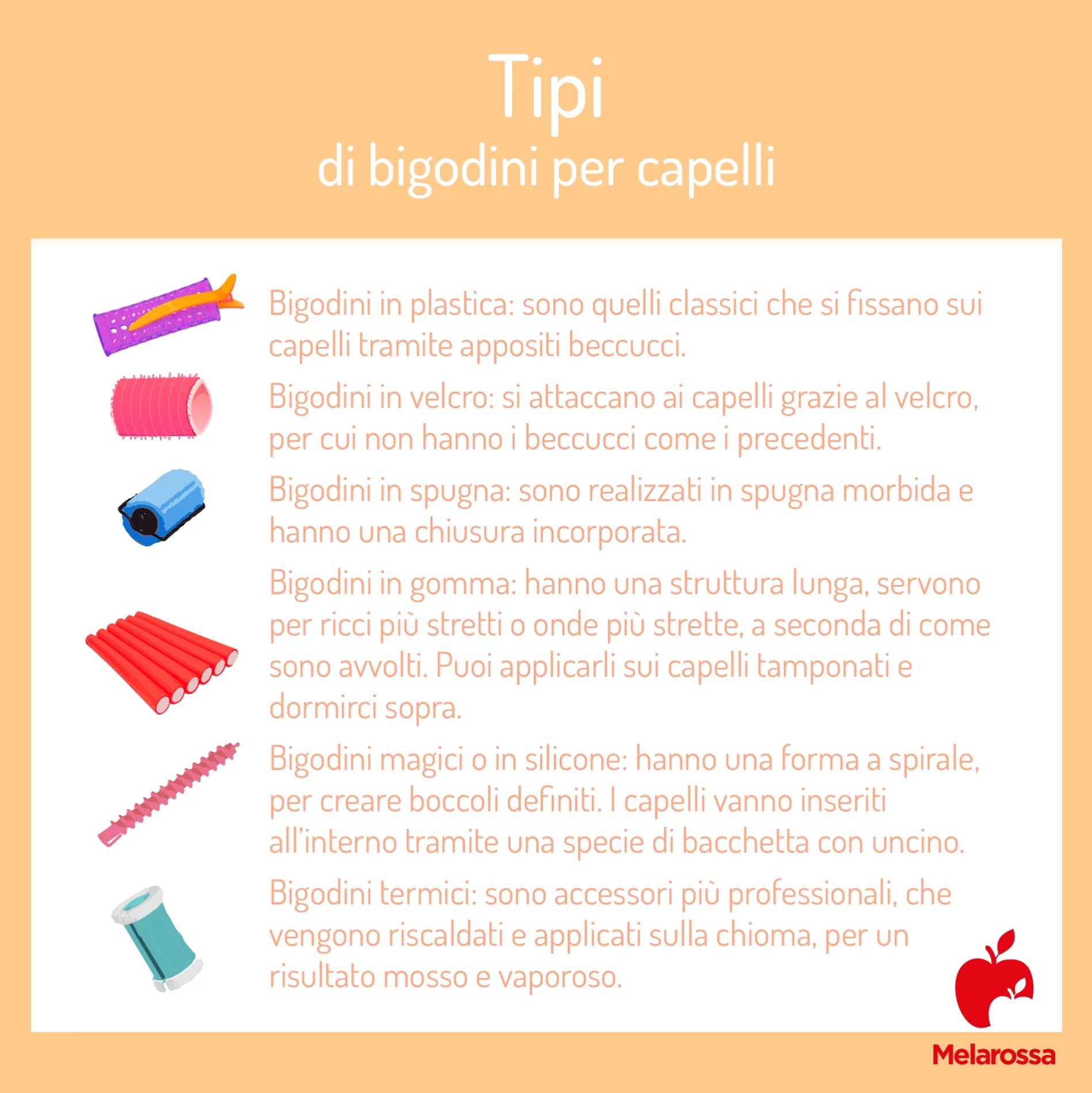 Bigodini: come usarli, quali scegliere per i tuoi capelli 1 grafica che spiega tutti tipi di bigodini per capelli