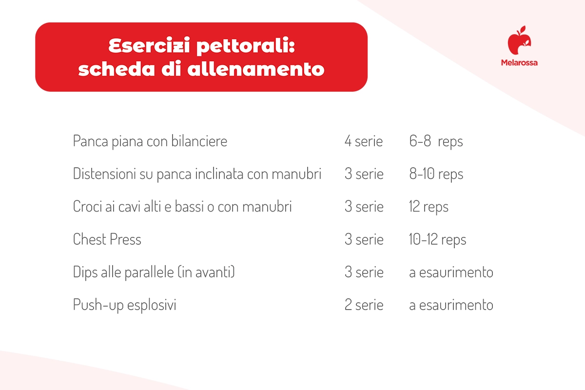 I migliori esercizi pettorali in casa e in palestra per sviluppare il tuo petto 2 grafica che illustra esercizi pettorali da inserire nella propria scheda di allenamento 3 volte alla settimana