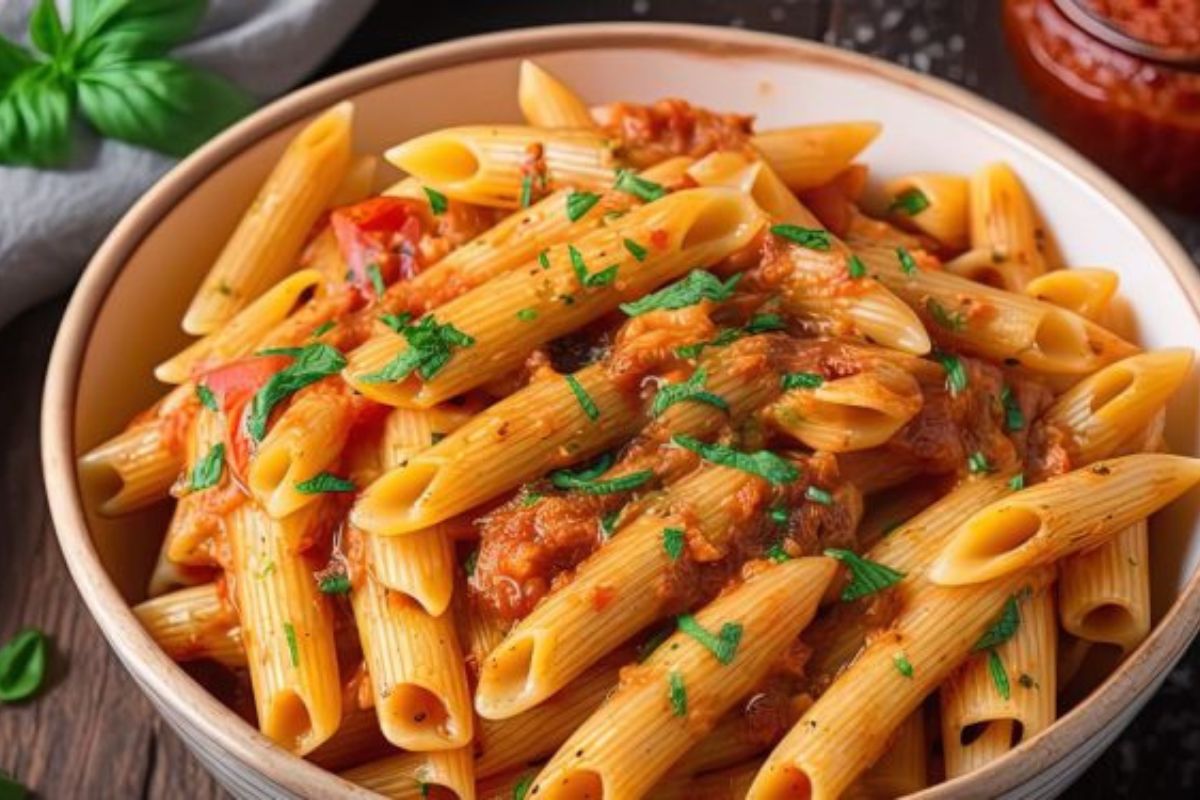Le migliori ricette vegetariane: idee facili e gustose 16 un piatto di pasta con peperoni e foglie di basilico