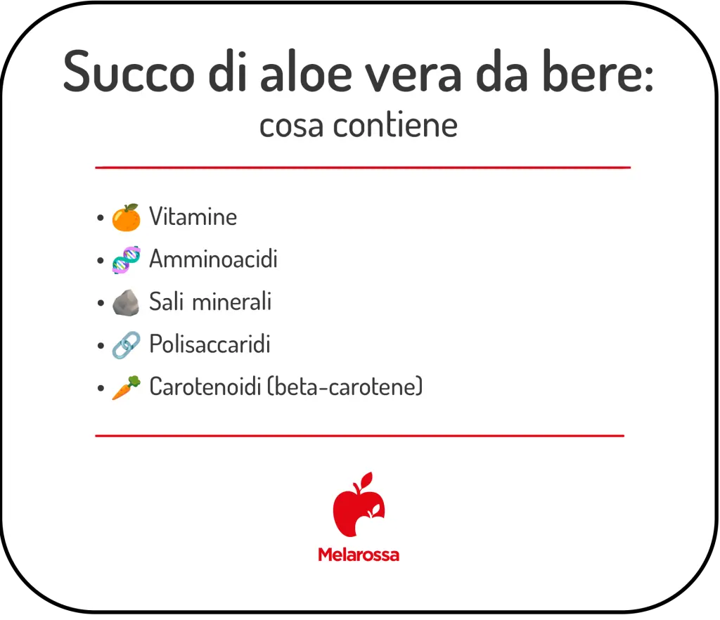 Aloe vera da bere: benefici, proprietà e controindicazioni 1 Infografica che mostra i componenti nutrizionali del succo di aloe vera da bere.