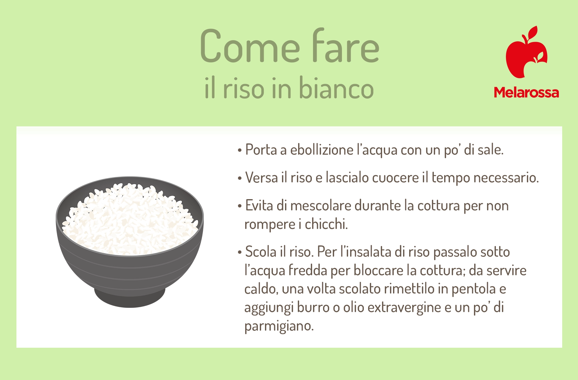 Riso in bianco: come cucinare in 4 mosse un perfetto riso bollito 1 Grafica su come preparare il riso in bianco