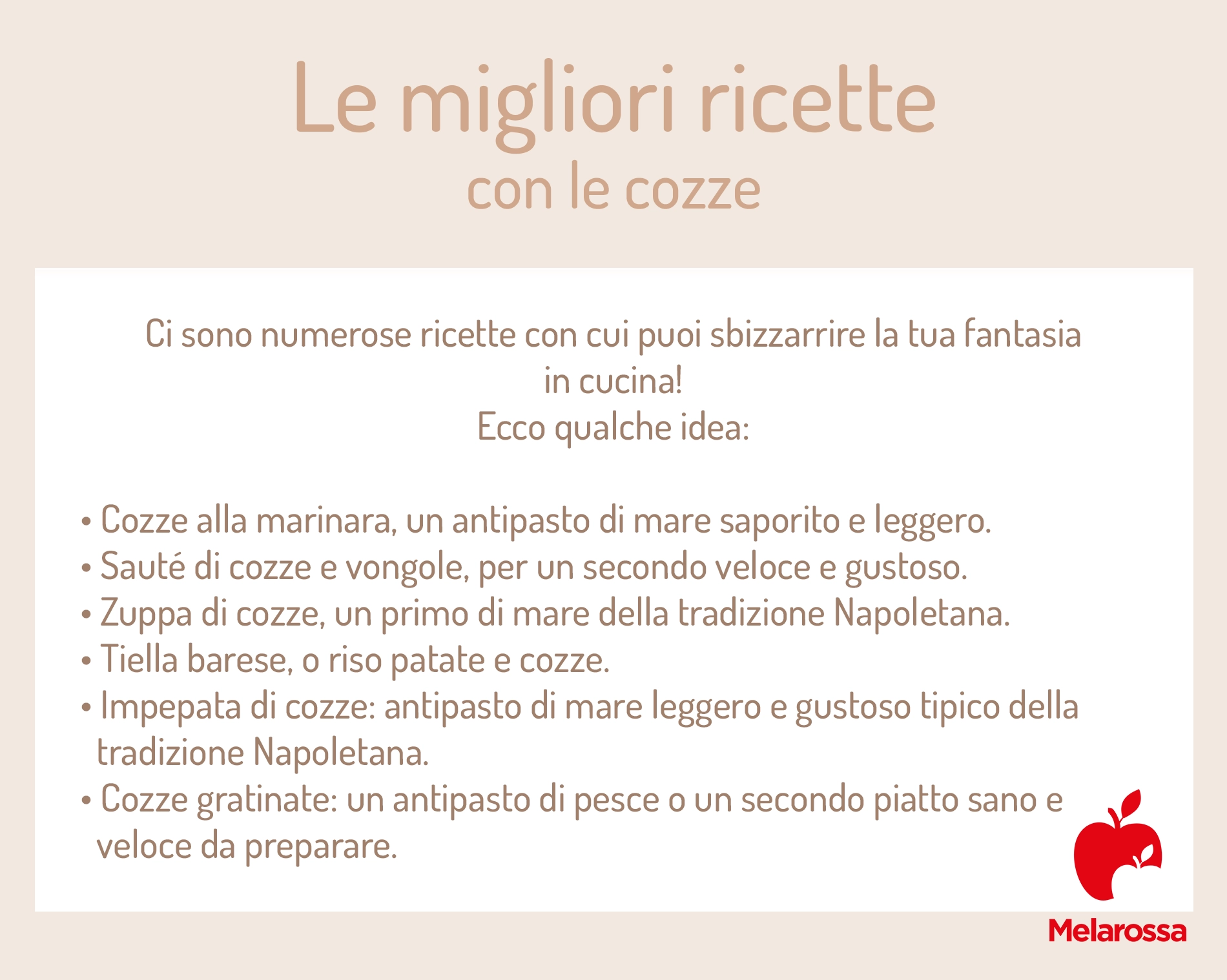 Cozze: proprietà nutrizionali, calorie, come cucinarle, le migliori ricette 3 grafica che fa elenco delle migliori ricette con le cozze