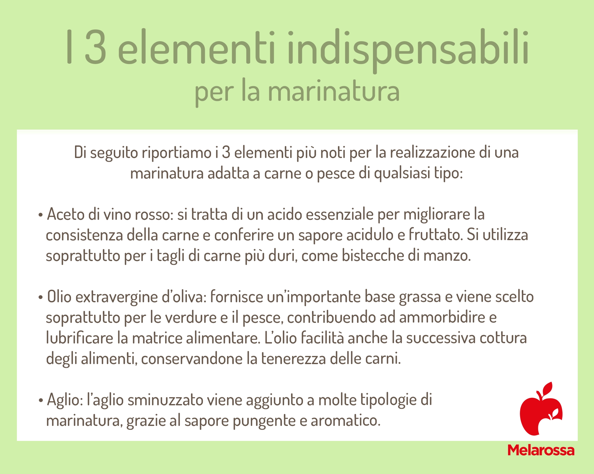 Tutto quello che devi sapere sulla marinatura: tecniche, ingredienti e consigli 1 Tabella che elenca i 3 elementi indispensabili per fare la marinatura: aceto di vino, olio Evo e aglio
