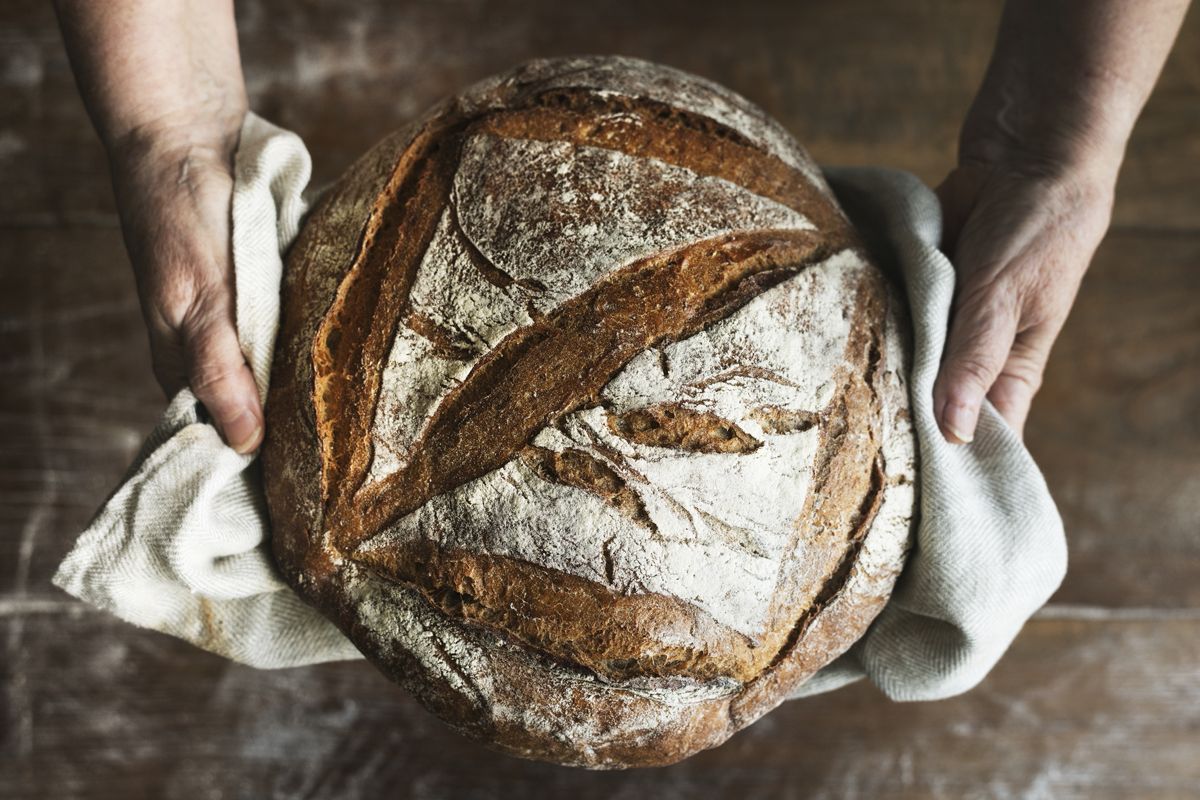 Pane fatto in casa: ricette genuine e semplici da provare 18 due mani tengono una pagnotta di pane in uno strofinaccio