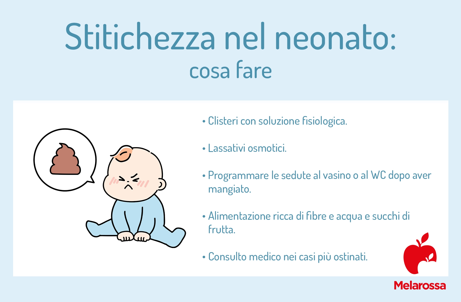 Stitichezza nel neonato: cosa fare se non riesce a fare la cacca 2 Grafica sui consigli per la stitichezza nel neonato