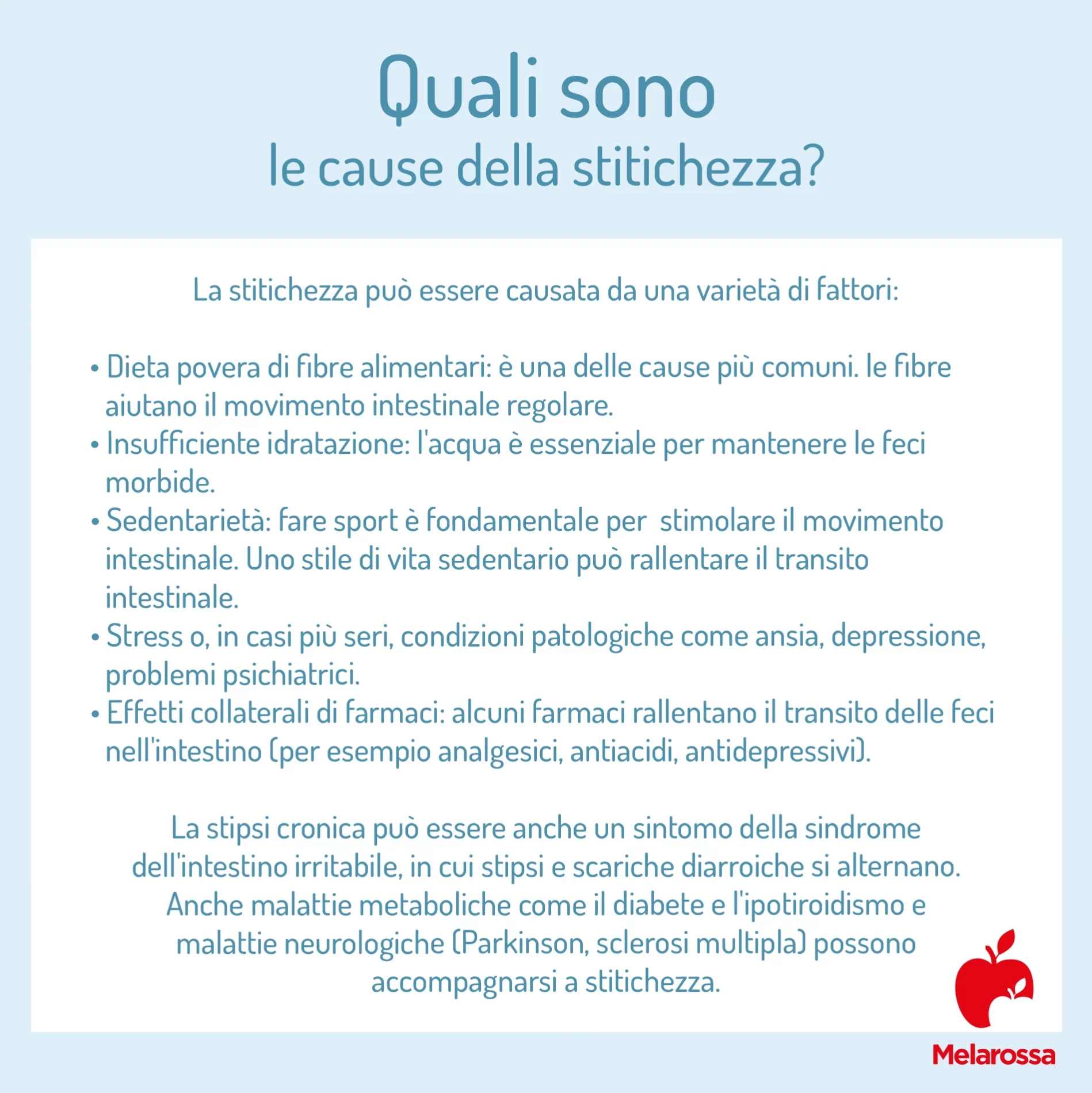 Stitichezza o stipsi: cause, sintomi, rimedi, cosa mangiare e cibi da evitare 1 grafica che spiega quali sono le numerose cause della stitichezza