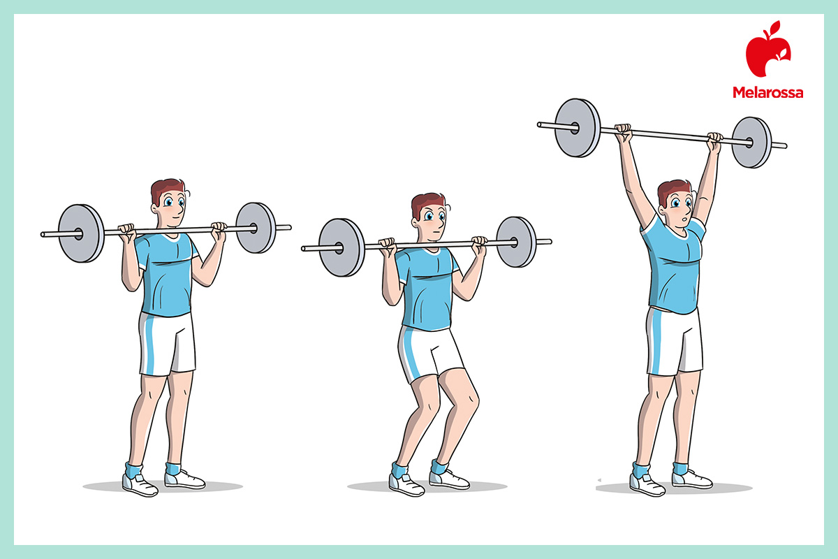 Esercizi spalle: i migliori esercizi con manubri e allenamento in palestra per spalle larghe 8 Illustrazione di un uomo in palestra che fa esercizi spalle come eseguire il military press push correttamente