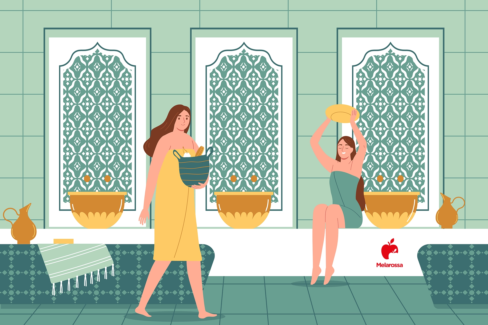 Bagno turco o hammam: che cos'è, come si fa, benefici e controindicazioni 2 Illustrazione che rappresenta 2 donne in un bagno turco