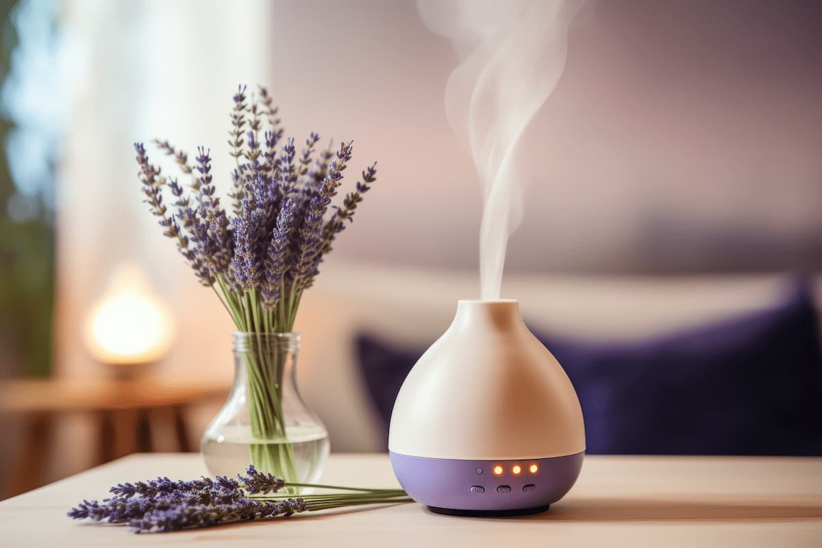 Oli essenziali: quali sono, proprietà, benefici e usi 1 su un tavolo diffusore oli essenziali e un un piccolo vaso lavanda