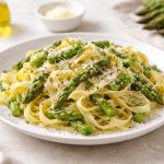 Pasta con asparagi: primo piatto cremoso con video ricetta 1 In primo piano su un piatto fondo bianco c'è la pasta con asparagi. Sullo sfondo ci sono gli ingredienti principali della ricetta come olio EVO e asparagi freschi.