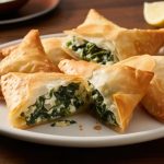 Pasta fillo: come prepararla in casa 1 su un tavolo di legno piatto in primo piano con una torta salata con spinaci fatta con la pasta fillo