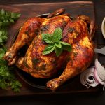 Pollo alla diavola: un secondo piatto saporito 1 su tavolo di legno un pollo alla diavola con prezzemolo, peperoncini e cipolla