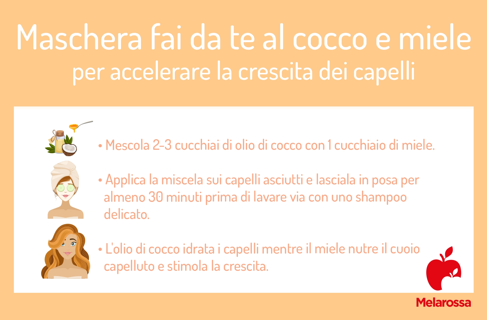 Guida su come far crescere i capelli: cosa mangiare, rimedi e integratori 4 Grafica con ricetta fai da te al cocco e miele per favorire la crescita dei capelli