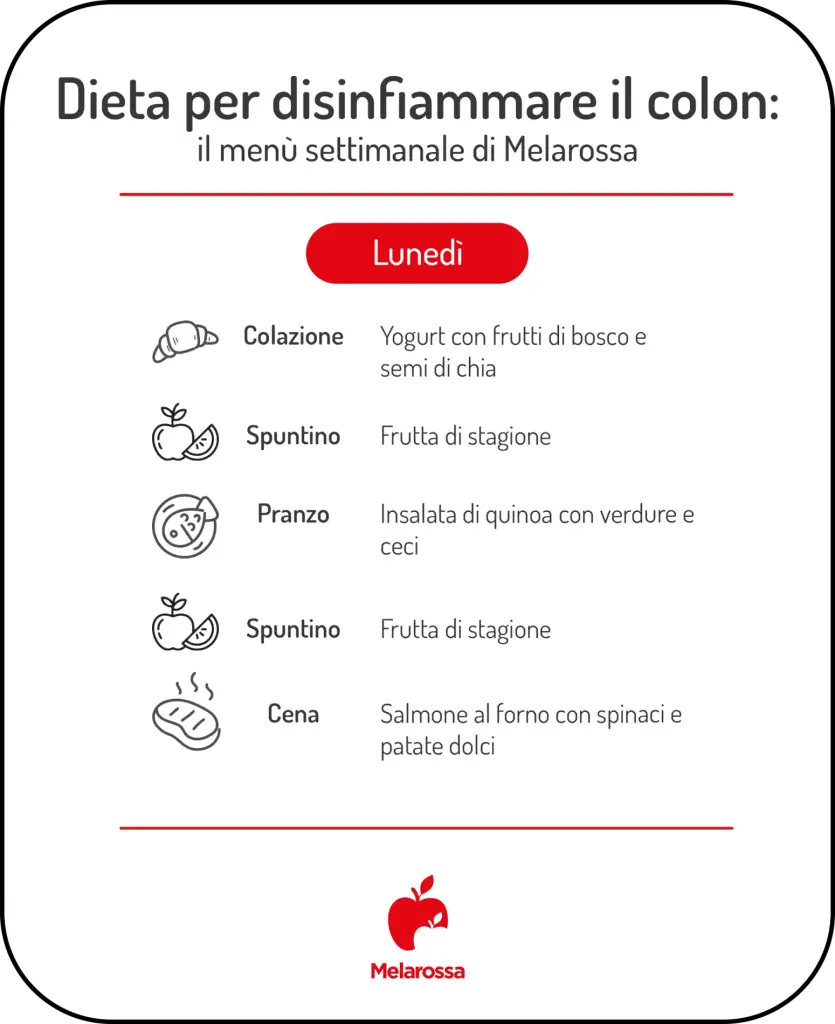 Dieta per colon irritabile: cosa mangiare e cosa evitare, esempio di menù settimanale 1 Dieta per colon irritabile, menu settimanale lunedì con yogurt, quinoa e salmone.