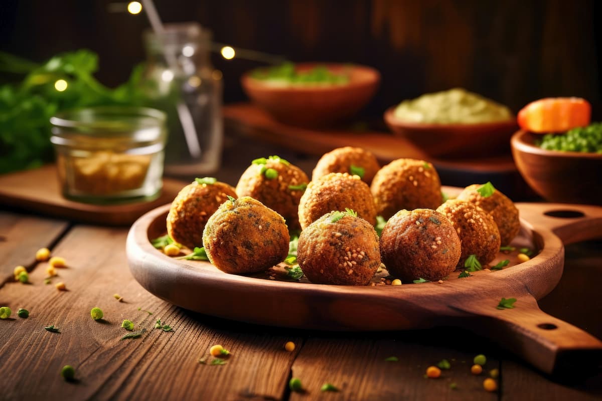 Finger food: ricette veloci di pesce, carne, vegetariane e dolci al cucchiaio 2 su tavolo di legno in primo piano ciotola di legno che contiene finger food vegetariano i falafel