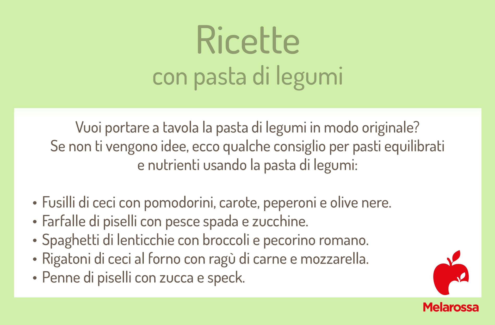 Pasta di legumi: calorie, tipologie, benefici e come inserirla a dieta 2 Grafica con elenco di ricette che puoi fare con la pasta di legumi