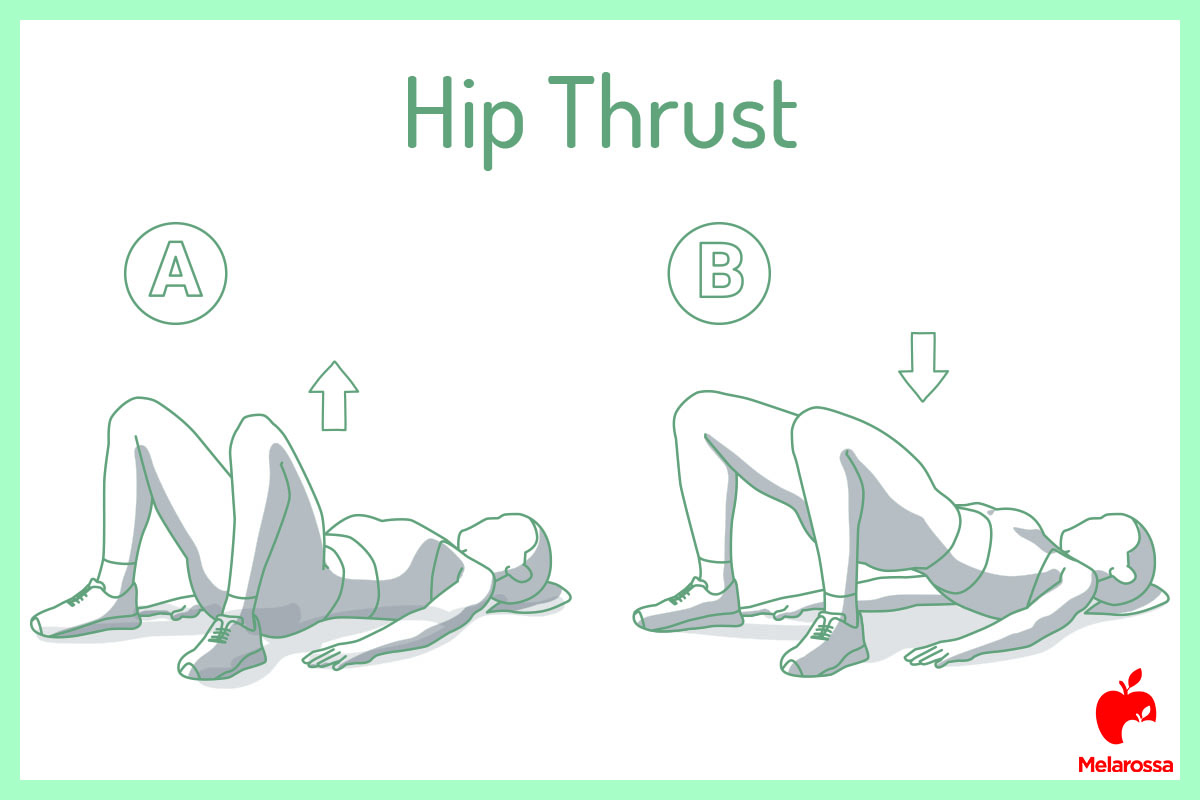 Ischiocrurali: come allenarli e allungarli per gambe forti e flessibili 4 Illustrazione d una donna che esegue un hip thrust per rinforzare gli ischiocrurali