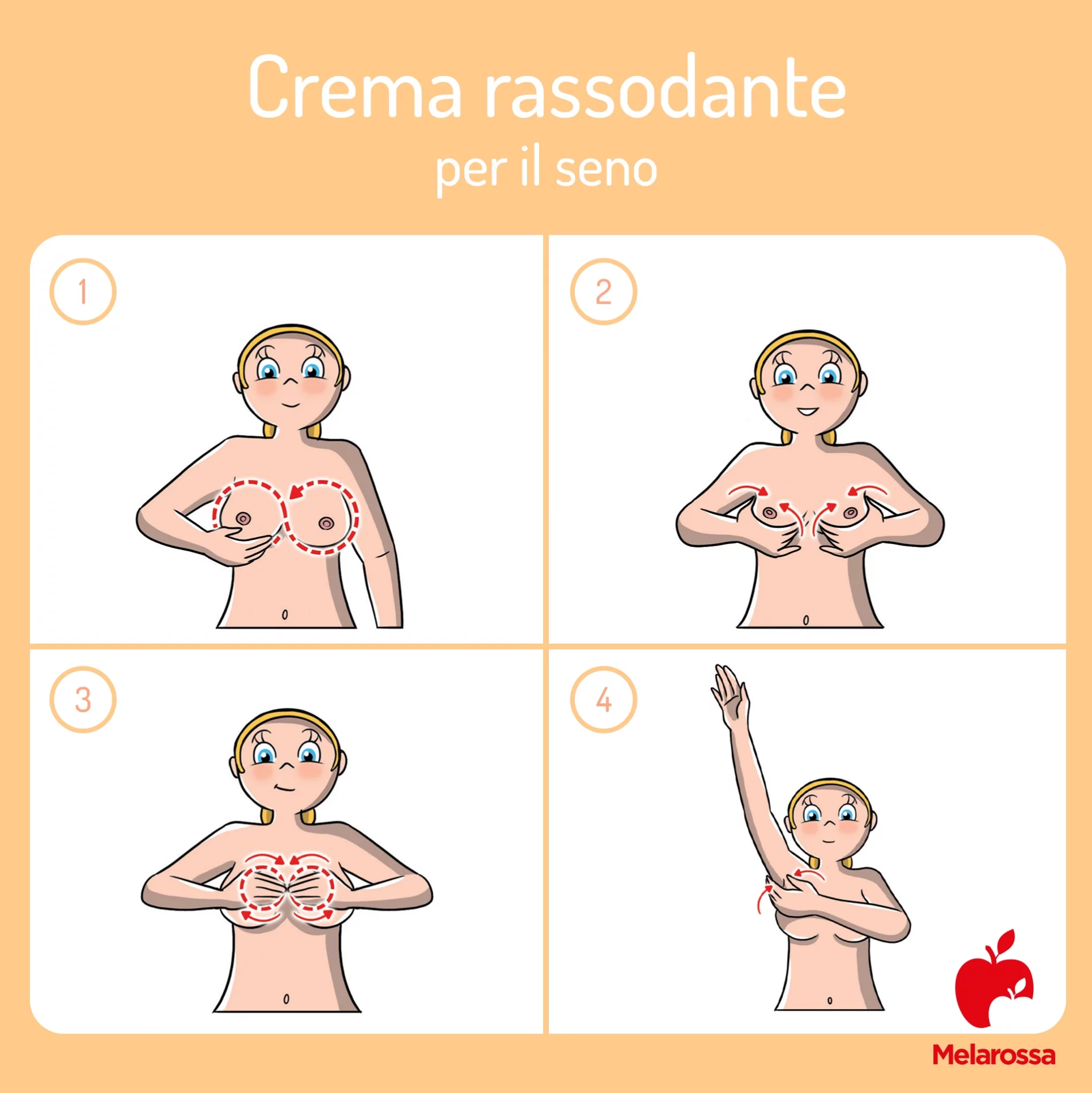Crema rassodante per il seno: come applicarla e le migliori creme 2025 secondo le recensioni Amazon 6 Illustrazione che spiega in 4 passaggi come massaggiare il seno con la crema rassodante per il seno
