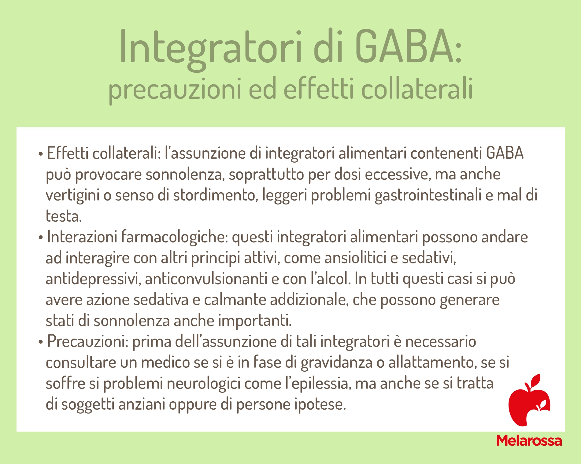 Integratori di GABA: a cosa servono, i migliori prodotti sul mercato 6 Grafica con logo melarossa che elenca gli effetti collaterali degli integratori di GABA
