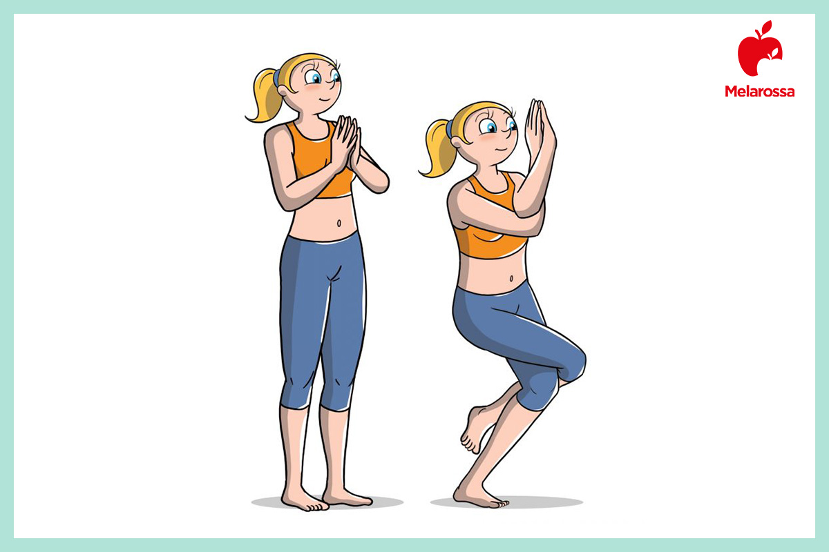 Posizioni yoga: gli Asana più importanti per principianti, intermedi e avanzati 18 Illustrazione posizioni yoga aquila garudasana in equilibrio con gambe e braccia intrecciate.