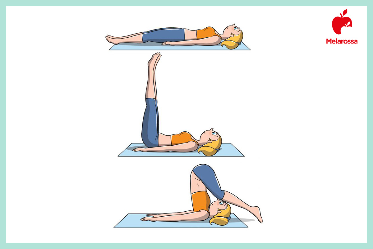 Posizioni yoga: gli Asana più importanti per principianti, intermedi e avanzati 21 Illustrazione posizioni yoga aratro halasana con gambe oltre la testa e piedi verso il pavimento.