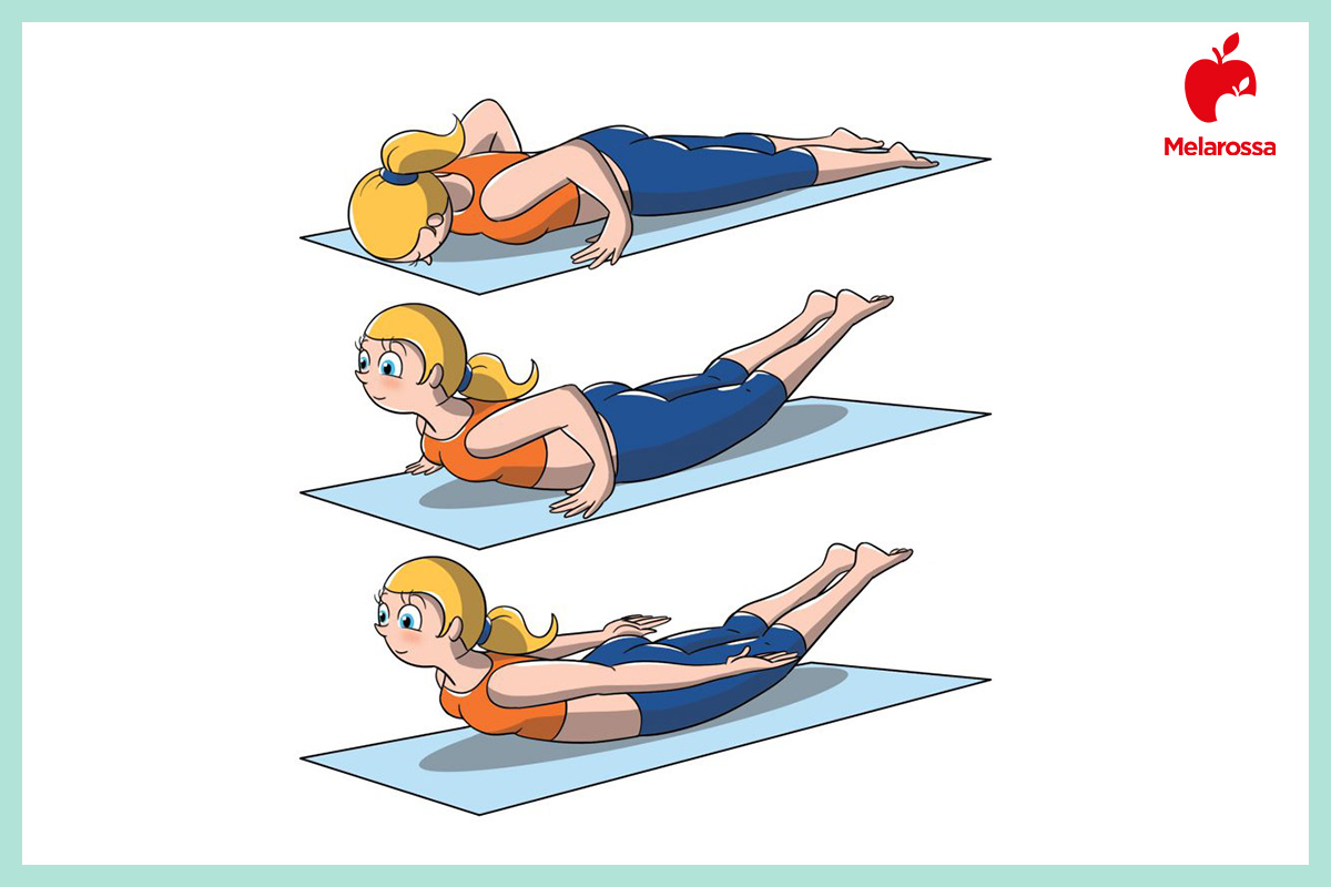 Posizioni yoga: gli Asana più importanti per principianti, intermedi e avanzati 20 illustrazione posizioni yoga locusta salabhasana da prona con gambe e torace sollevati da terra.