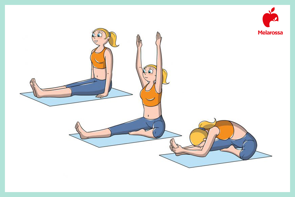 Posizioni yoga: gli Asana più importanti per principianti, intermedi e avanzati 23 Illustrazione posizioni yoga testa verso il ginocchio janu sirsasana piegamento in avanti da seduti con una gamba piegata.