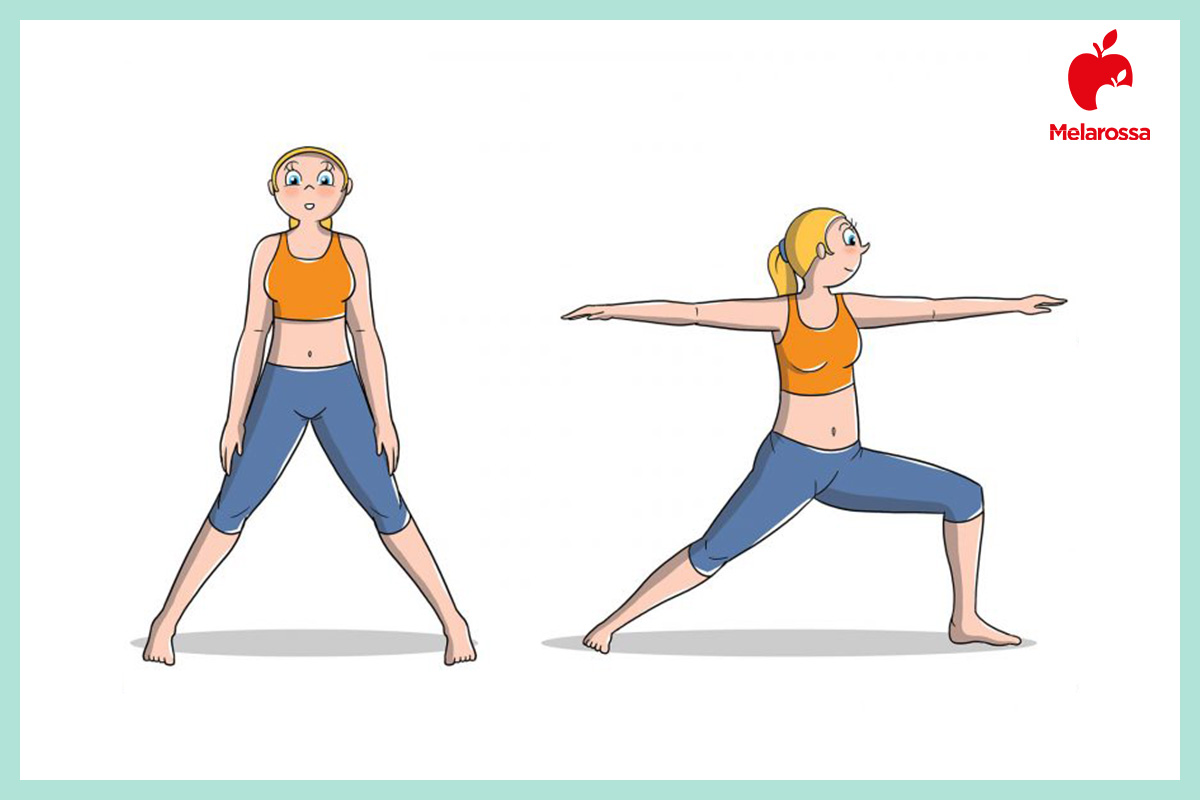 Posizioni yoga: gli Asana più importanti per principianti, intermedi e avanzati 11 Illustrazione posizioni yoga guerriero virabhadrasana affondo in piedi con braccia aperte e sguardo laterale.