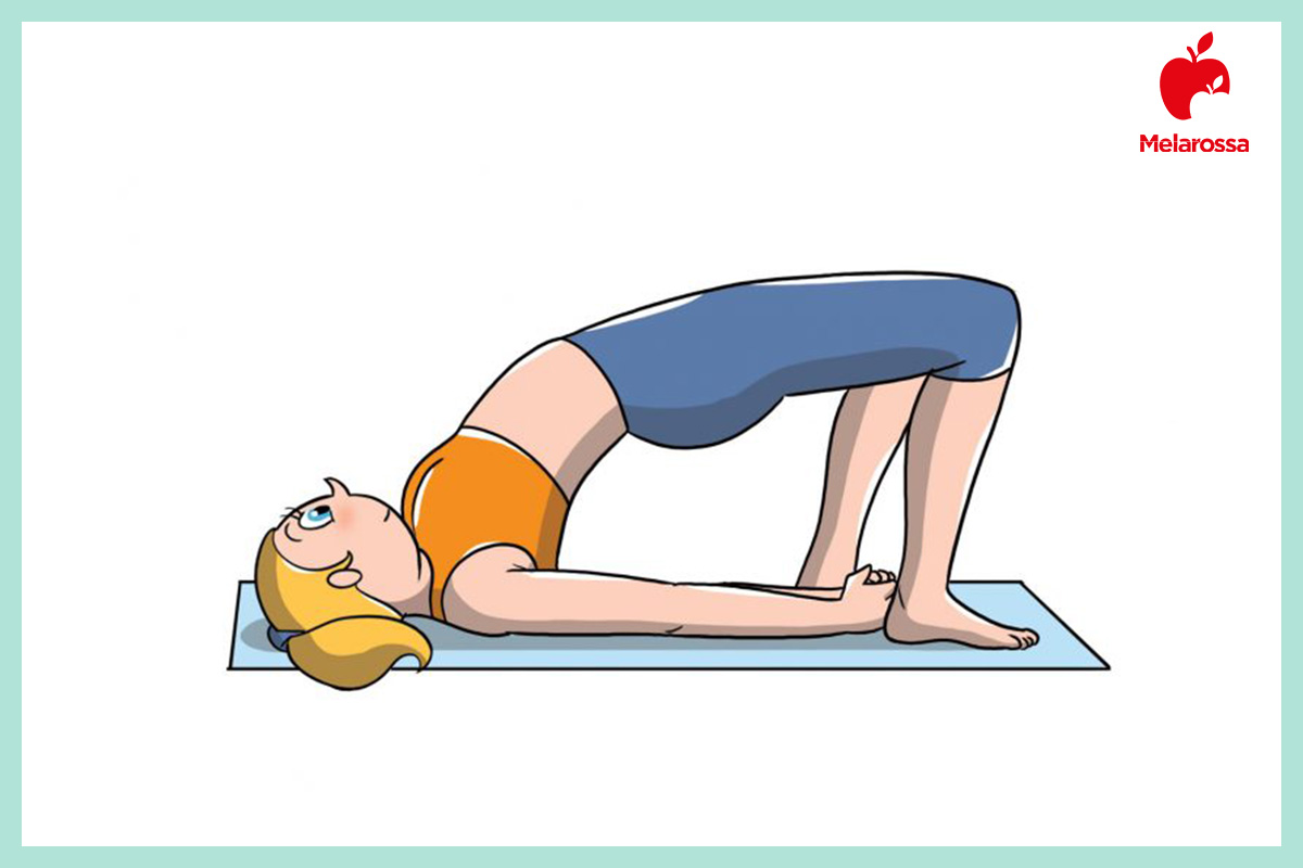 Posizioni yoga: gli Asana più importanti per principianti, intermedi e avanzati 16 Illustrazione posizioni yoga mezzo ponte setu bandhasana con bacino sollevato e piedi appoggiati a terra.