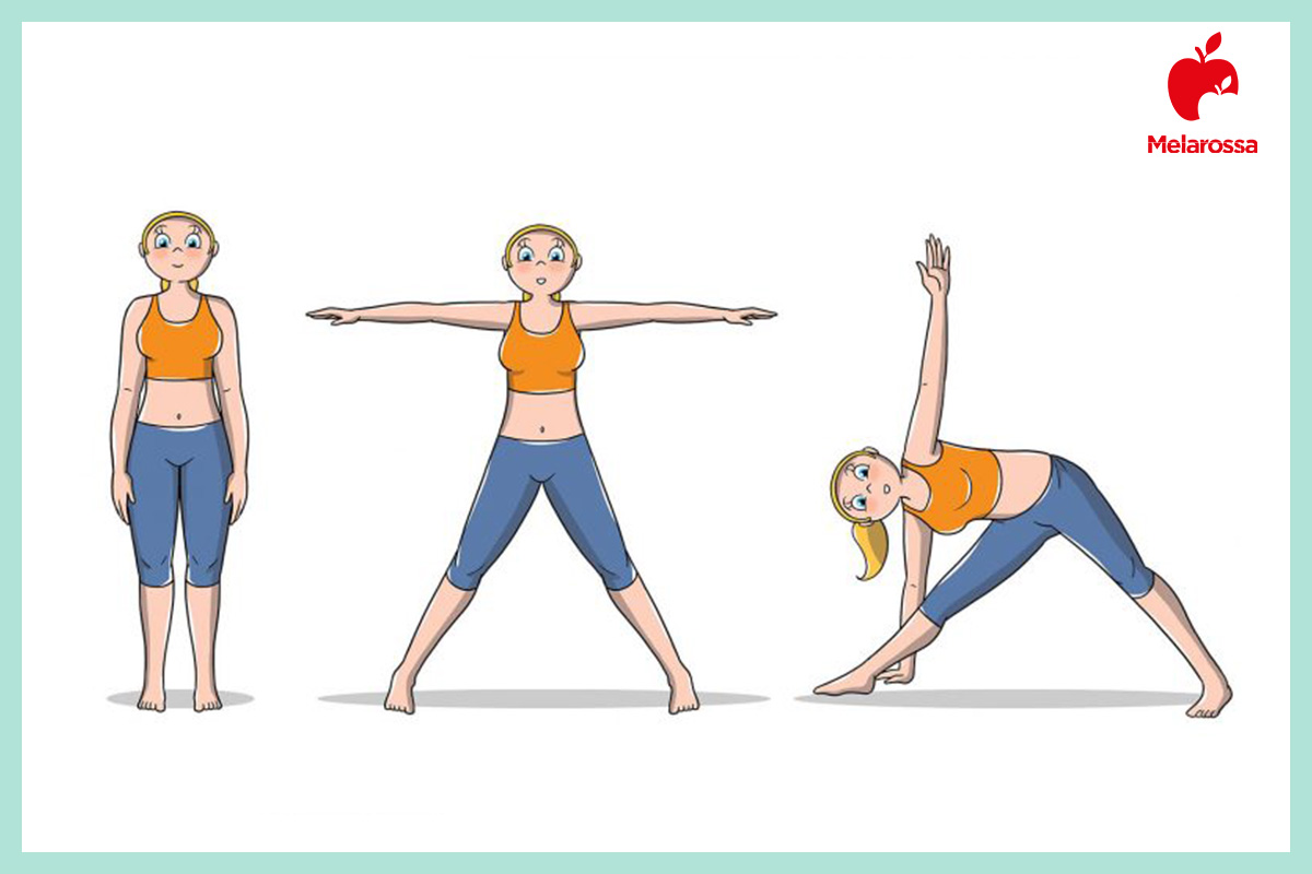 Posizioni yoga: gli Asana più importanti per principianti, intermedi e avanzati 12 Illustrazione posizioni yoga triangolo trikonasana con gambe divaricate e piegamento laterale con una mano a terra.