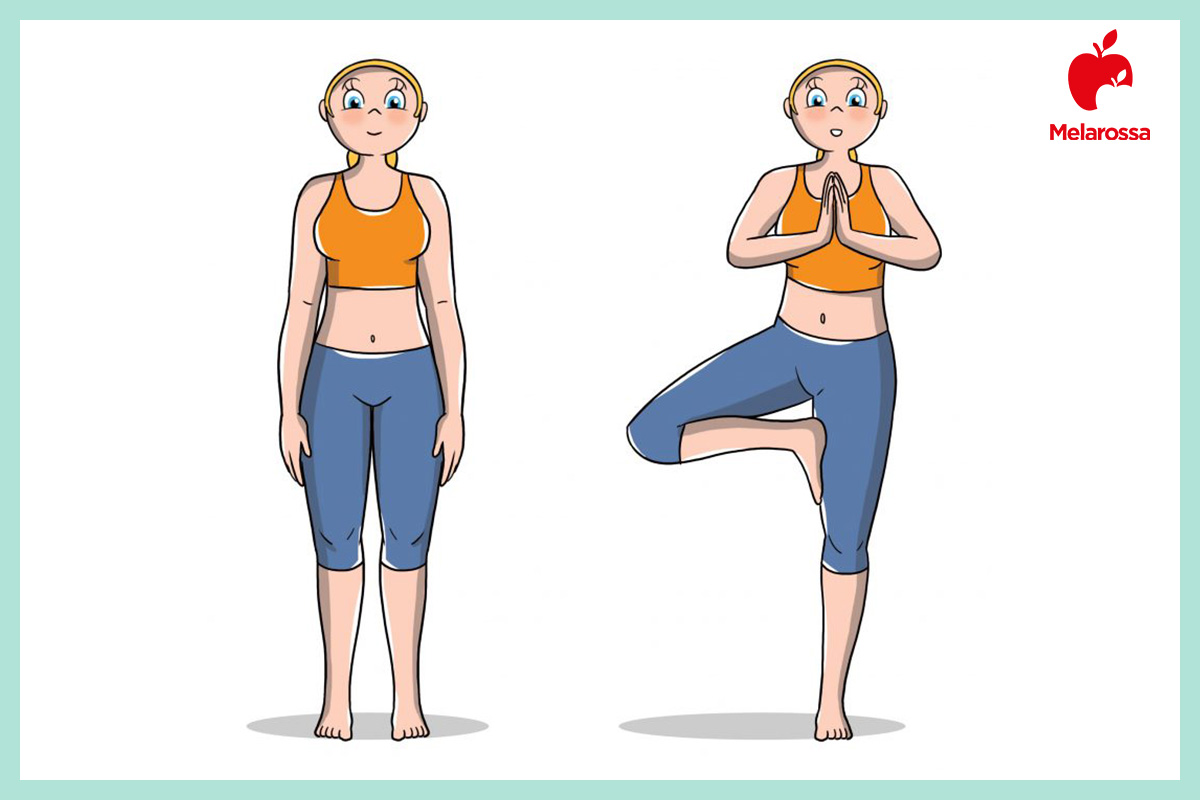 Posizioni yoga: gli Asana più importanti per principianti, intermedi e avanzati 4 Illustrazione posizioni yoga albero vrksasana in piedi su una gamba con mani unite al petto.