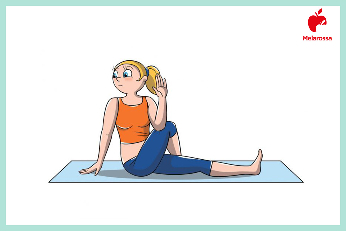 Posizioni yoga: gli Asana più importanti per principianti, intermedi e avanzati 7 Illustrazione posizioni yoga torsione ardha matsyendrasana seduta con busto ruotato e una gamba piegata.