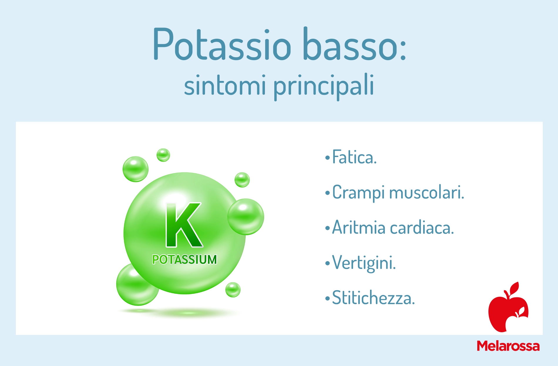 Potassio basso: sintomi e cause dell’ipokaliemia 1 Una grafica sui sintomi del potassio basso
