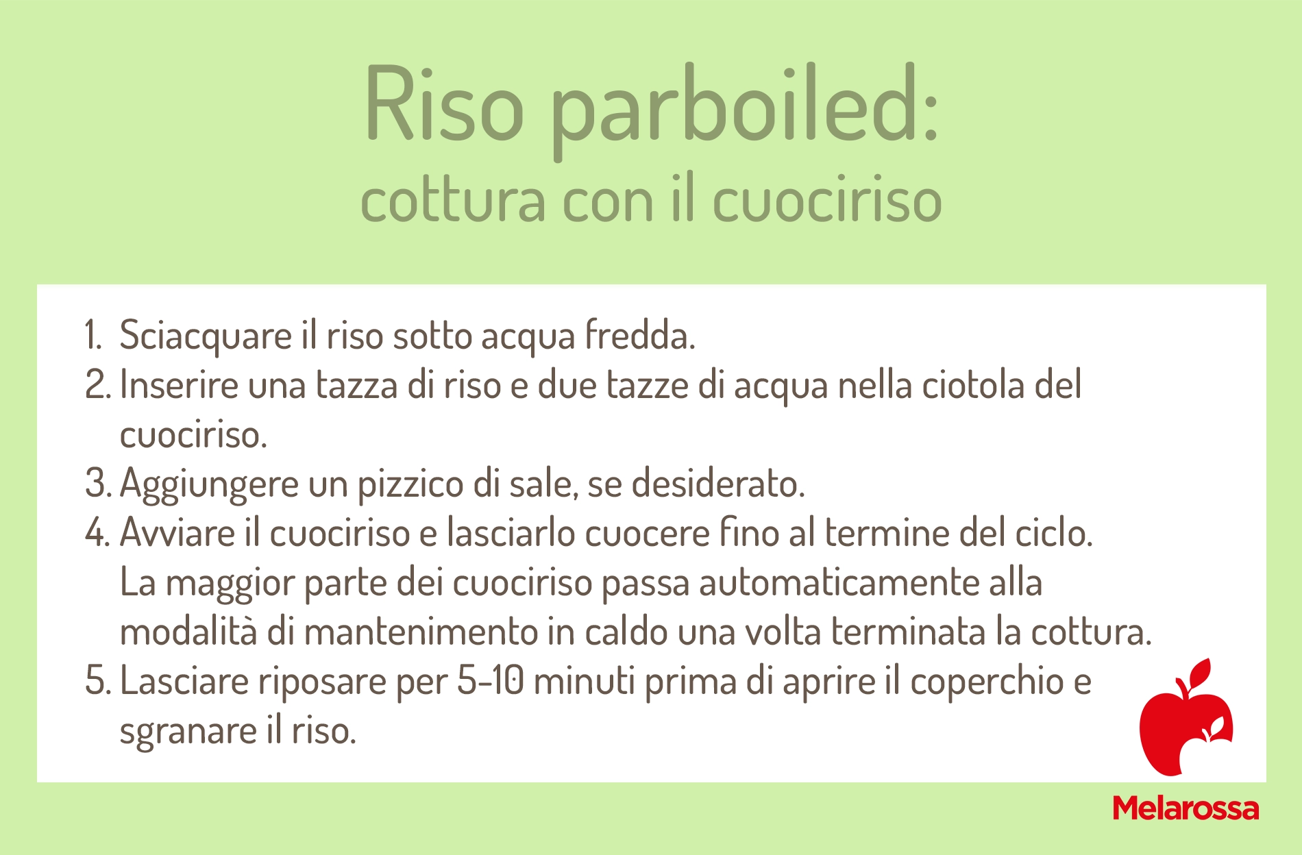 Riso parboiled: benefici nutrizionali, come cuocerlo e usi in cucina 3 Grafica che spiega come cuocere il riso parboiled con il cuociriso
