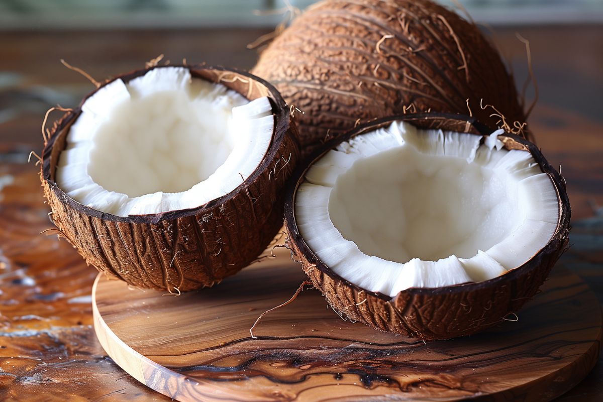Come aprire una noce di cocco in pochi semplici passaggi 1 Un cocco intero con accanto due metà aperte