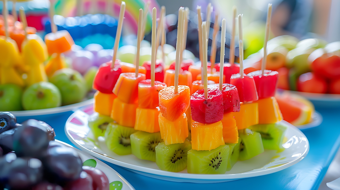 Spiedini: le migliori ricette di carne, di pesce o vegetariane 4 tavola con buffet piena di frutta e colorati spiedini di frutta estiva con kiwi, melone e anguria