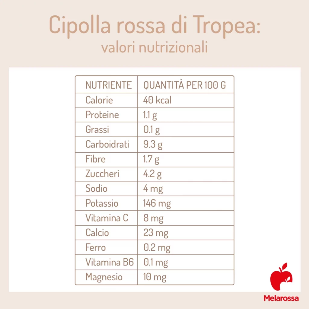 Cipolla di Tropea: varietà, benefici e le migliori ricette 2 grafica che elenca calorie e calorie nutrizionali della cipolla di Tropea