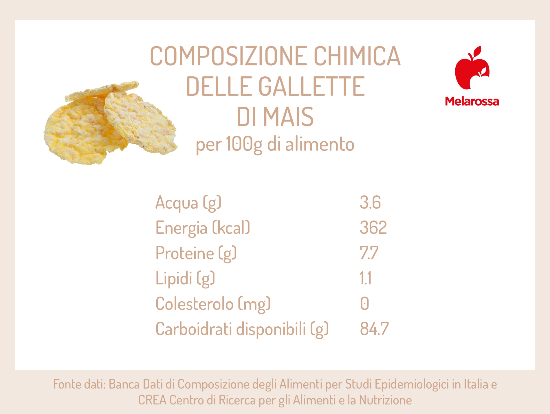 Gallette di mais: benefici, calorie e quante mangiarne 1 grafica sulla composizione nutrizionale delle gallette di mais
