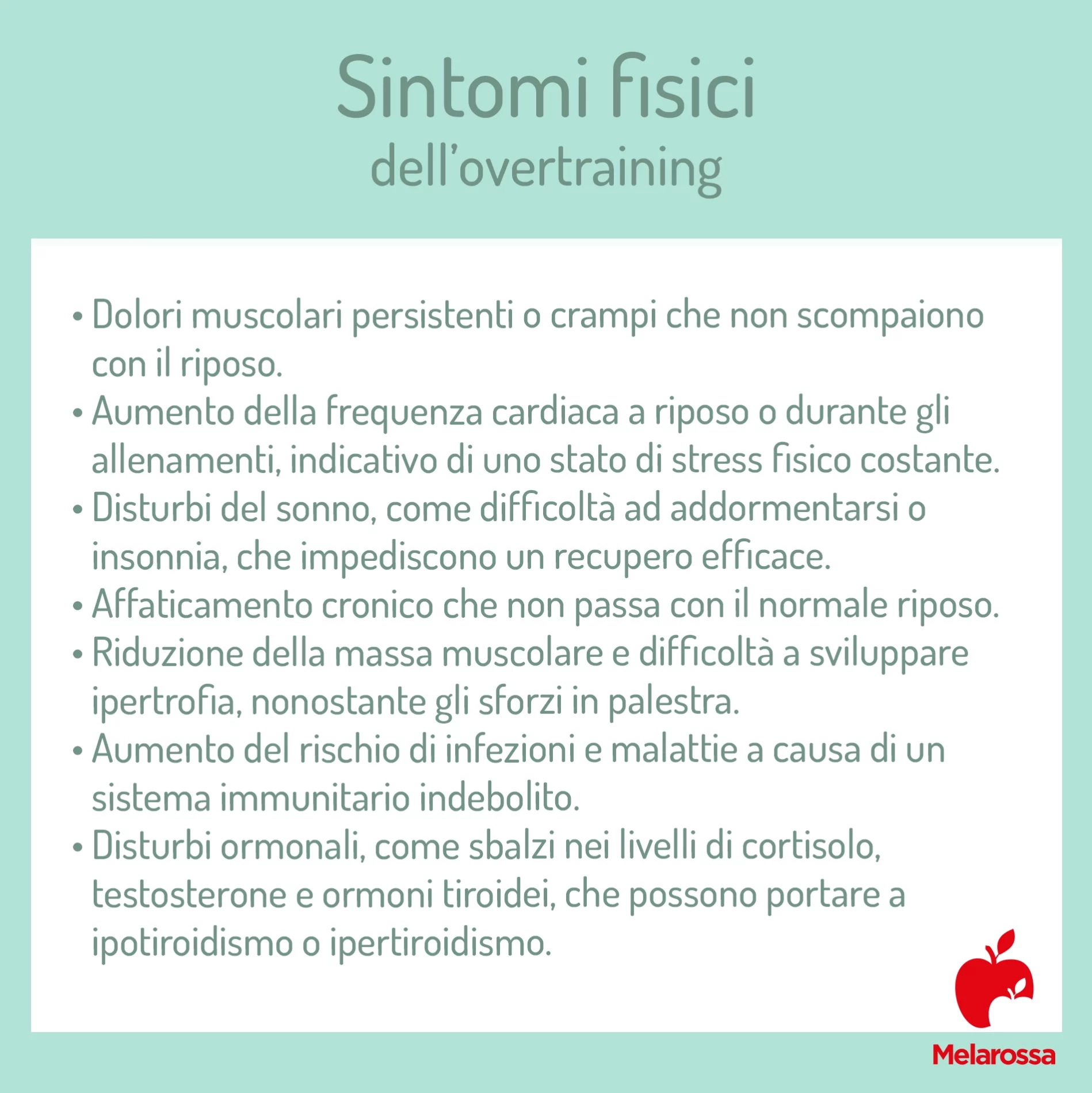 Overtraining o sovrallenamento: che cos’è, cause e sintomi e come uscirne 1 grafica che elenca i sintomi fisici dell'overtraining