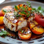 Ricotta al forno: come preparare l'antipasto vegetariano siciliano 1 primo piano di un piatto nero con ricotta al forno e pomodorini con erbe aromatiche e aceto balsamico