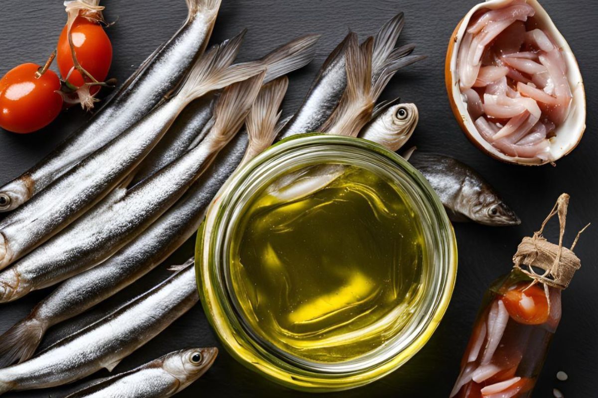 Differenza tra alici e acciughe: la guida completa 1 alici fresche e acciughe su un tagliere con una ciotola di olio