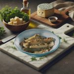 Cardi in padella, la ricetta di un contorno drenante 1 su tavolo di legno tagliere di marmo con un ciotola di cardi in padella, accanto erbe aromatiche, formaggio tagliato a dadini e dietro formaggio intero